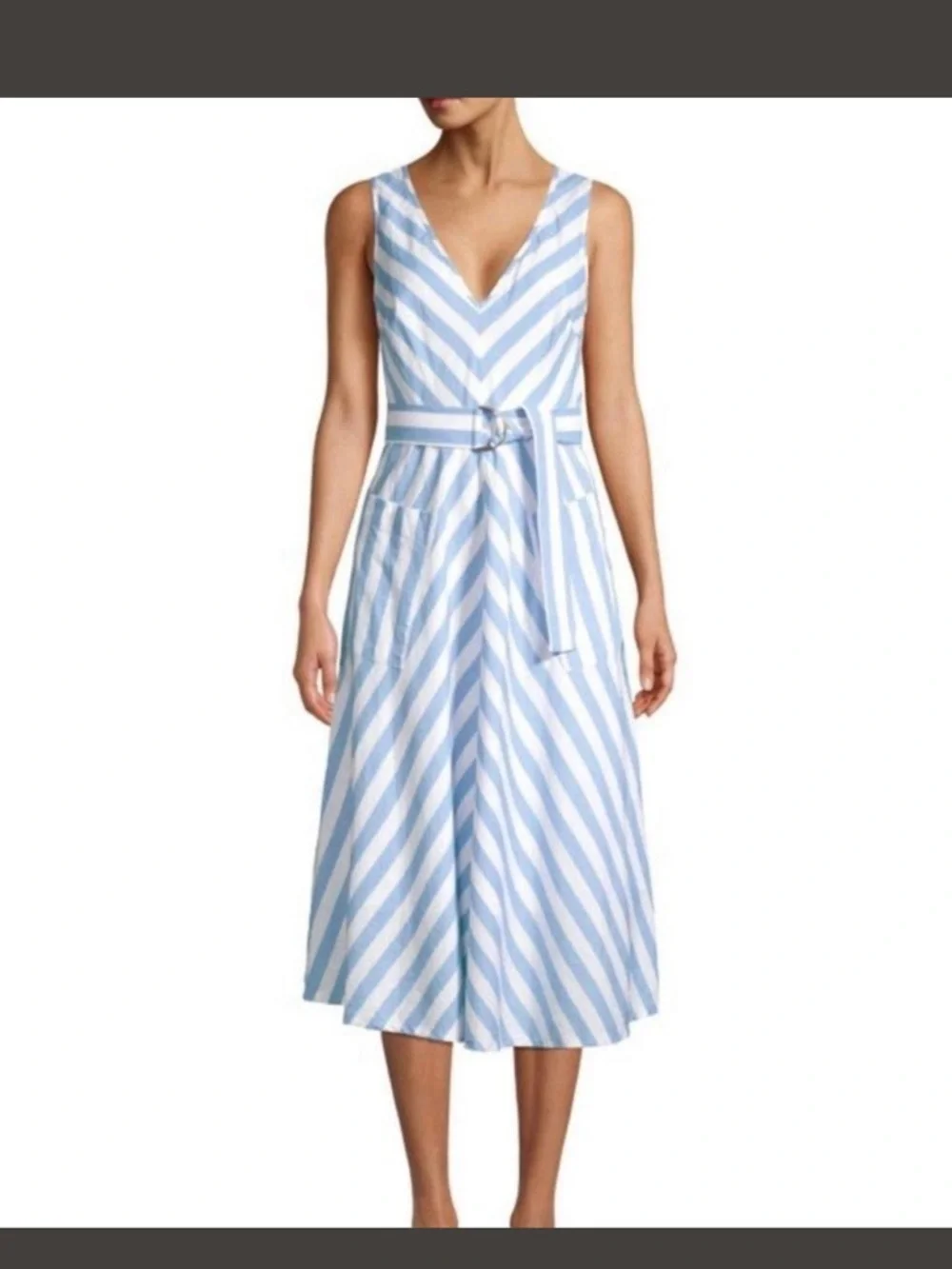 Kate spade Blue & White Striped linnen blend Sleeveless belt lined Dress size 4